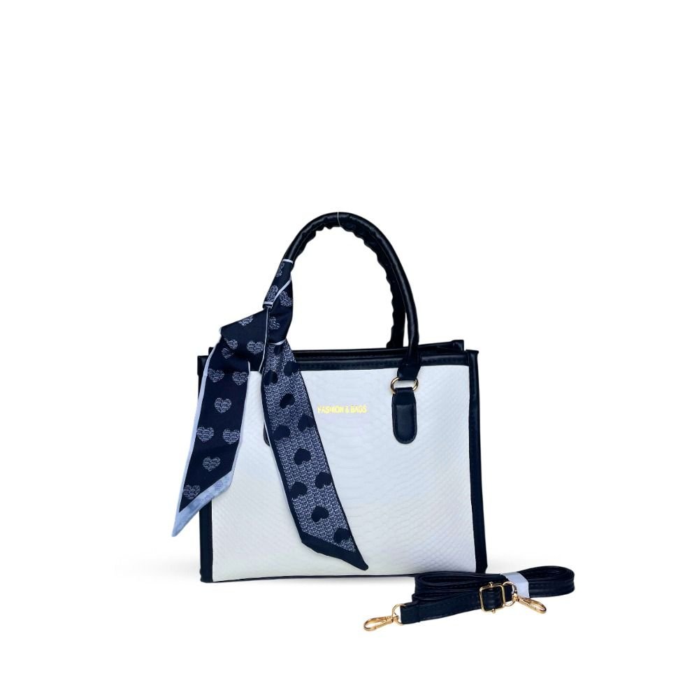 Elegant White & black Structured Handbag with Scarf