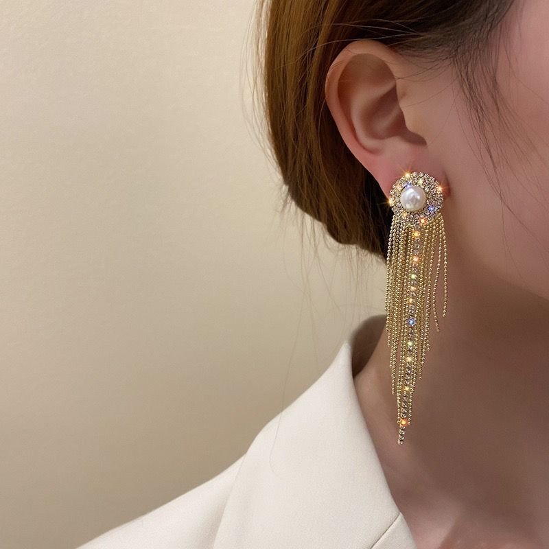Luxury Gold Pearl Tassel Earrings