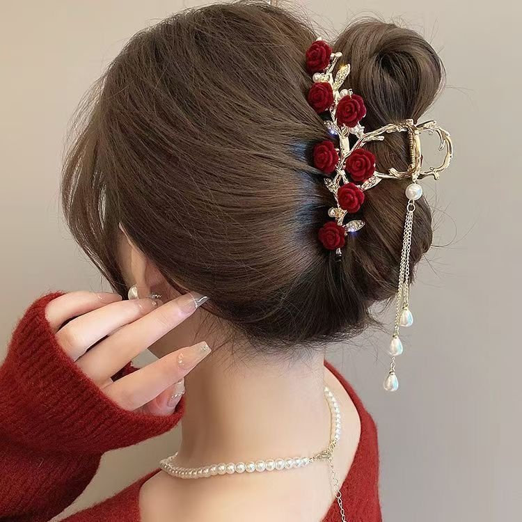 Scarlet Rose Pearl Hair Claw Clip
