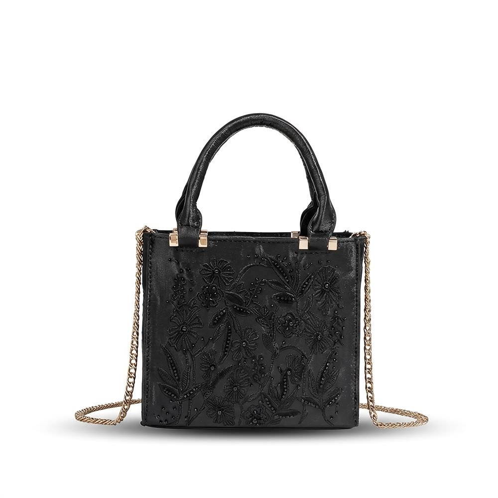 ZARA BLACK EMBROIDERED STRUCTURED HANDBAG