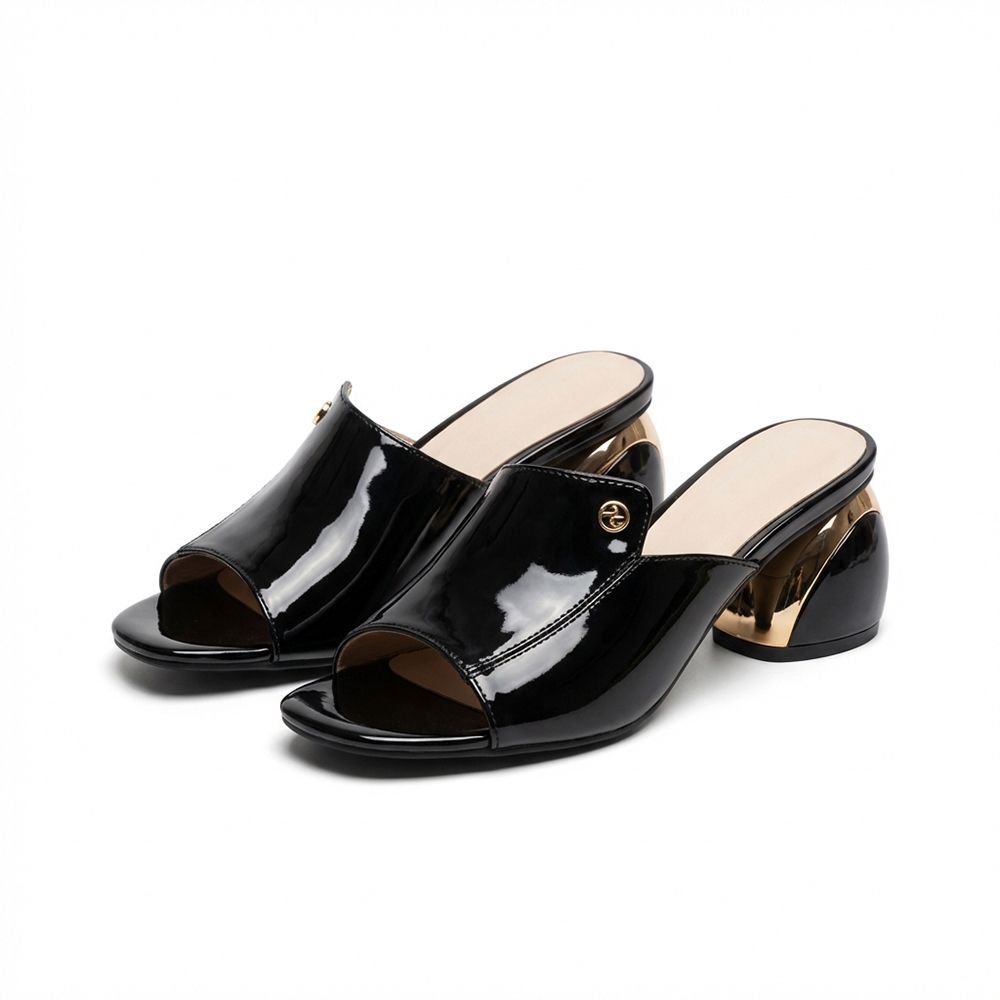 Black Patent Slip-On Block Heel Sandals for Women