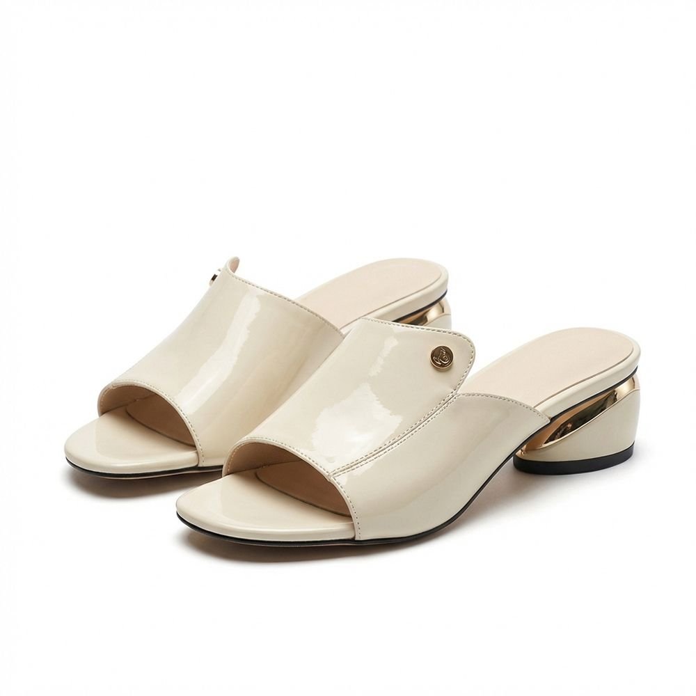 White  Patent Slip-On Block Heel Sandals for Women