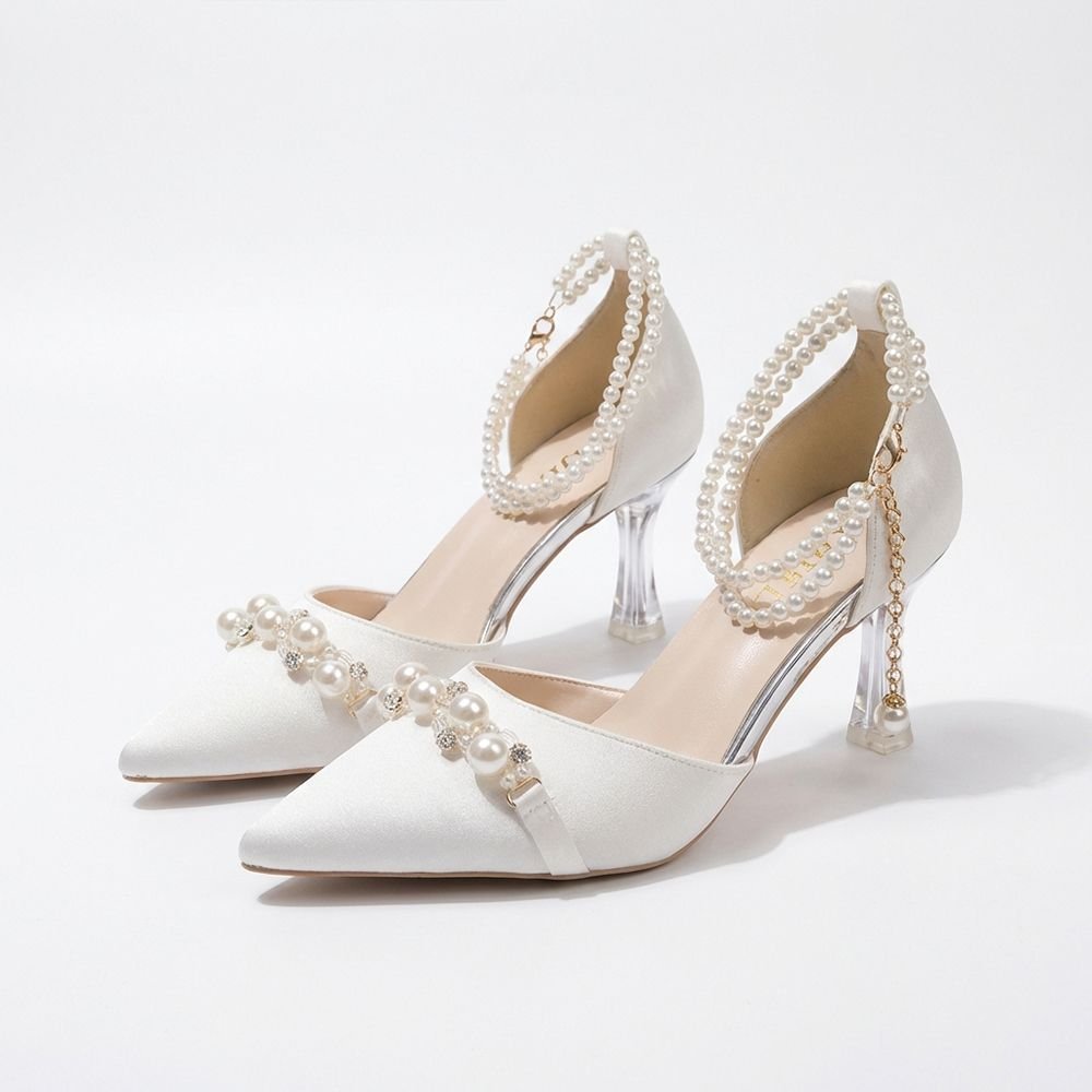 Luxury Pearl Strap White Stiletto Heels